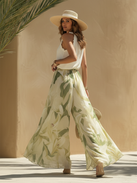 Ensemble deux pièces floral vert et jaune : jupe longue ample, haut sans manches blanc