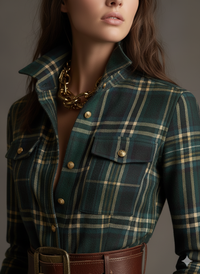Robe-chemise ceinturée à carreaux vert et beige, col et boutons, poches poitrine, ceinture