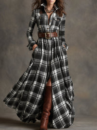 Robe-chemise ceinturée à carreaux noir et blanc, boutons, poches poitrine, jupe ample