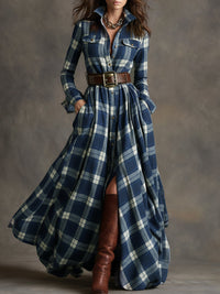 Robe-chemise ceinturée à carreaux bleu et beige, fermeture boutonnée, jupe ample fendue