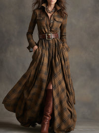 Robe-chemise ceinturée à carreaux marron et beige, boutons, jupe longue évasée