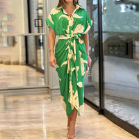 Robe longue verte à imprimé feuillage, manches courtes, ceinture nouée