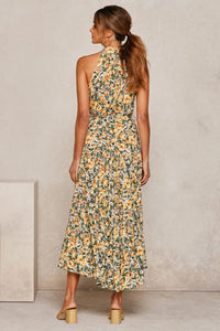 Robe longue d’été Zaria imprimé fleuri multicolore, col montant, sans manches