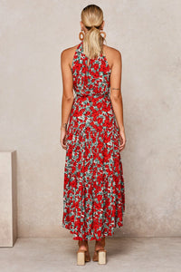 Robe longue d’été Zaria rouge à fleurs, dos nu nageur avec liens, sans manches