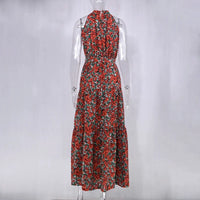 Robe longue d’été Zaria rouge à motifs floraux, sans manches, fluide, encolure dégagée.