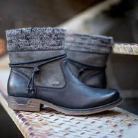 Bottes chaudes orthopédiques noires en cuir, col tricot gris, laçage sur l’empeigne.