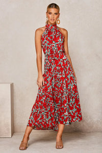 Robe longue d’été Zaria rouge à fleurs, col montant, taille ceinturée, sans manches