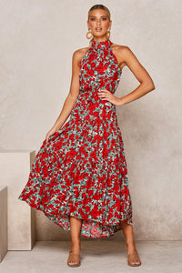 Robe longue d’été Zaria rouge à fleurs, col montant, jupe évasée, sans manches