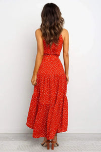 Robe longue d’été Zaria rouge à pois, dos nu avec liens, jupe évasée