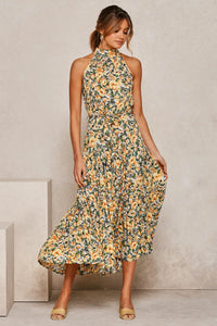 Robe longue d’été à imprimé fleuri multicolore, col montant sans manches, ceinture