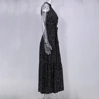 Robe longue d’été noire à pois blancs, col montant sans manches, ceinture