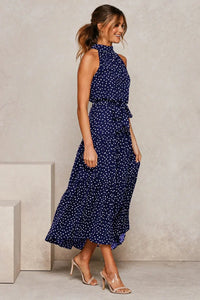 Robe longue d’été Zaria bleu nuit à pois blancs, col montant, jupe mi-longue évasée