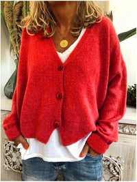Cardigan ample en maille Marinette rouge, encolure V boutonnée