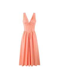 Robe midi pêche à corset, décolleté V croisé, jupe évasée plissée