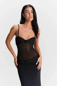 Robe longue noire à bretelles amovibles, poitrine corsetée et tulle transparent