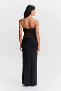Robe longue noire à bretelles amovibles, dos nu et empiècement transparent