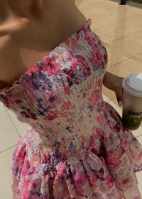 Haut de robe bustier rose smocks et imprimé fleuri, bretelles sans manches