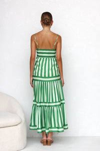 Robe longue à bretelles rayée vert et blanc, vue dos avec bretelles et volants.