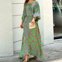 Robe longue ample vert fluo à motifs abstraits roses, manches chauve-souris
