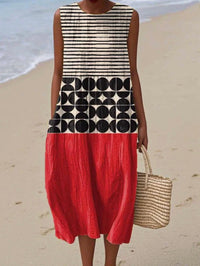 Robe d'été sans manches, rayures noir et blanc, cercles, bas rouge, coupe ample.