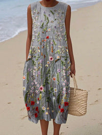 Robe d'été sans manches grise, broderies florales multicolores, coupe ample.