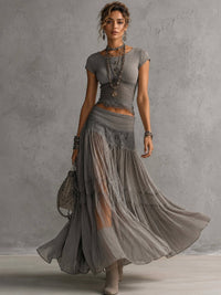 Ensemble gris gainant : top à manches courtes et jupe longue en tulle à volants