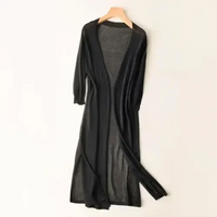 Cardigan long léger noir, col V, manches trois-quarts, devant croisé