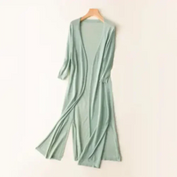 Cardigan long léger vert, col V, manches trois-quarts, drapé sur le devant