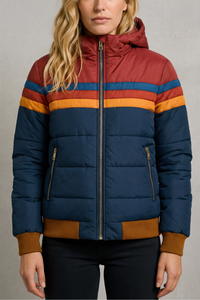 Veste de pluie imperméable matelassée à capuche, zippée, rayures colorées, poches zippées