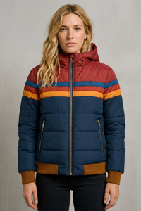Veste de pluie imperméable matelassée à capuche, zippée, rayures bleu et bordeaux, poches zippées
