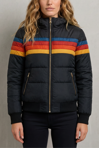 Veste de pluie imperméable matelassée à capuche, zippée, noir avec rayures colorées, poches zippées