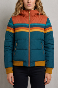 Veste de pluie imperméable matelassée à capuche, zippée, turquoise avec rayures colorées, poches