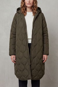 Parka décontractée matelassée vert olive à capuche, fermeture zippée et poches latérales