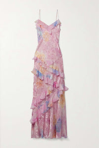 Robe longue à volants rose pastel multicolore, bretelles fines, décolleté V