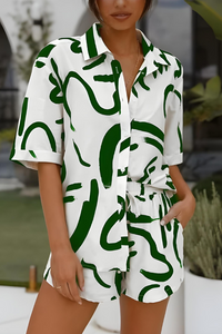 Ensemble de plage Luna™ blanc et vert : chemise à boutons, short assorti à taille nouée