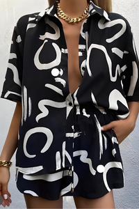 Ensemble de plage Luna™ noir et blanc : chemise boutonnée, short froncé à la taille