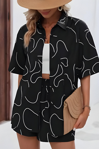 Ensemble de plage Luna™ noir et blanc : chemise à motifs, short assorti, boutons
