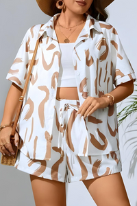 Ensemble de plage Luna™ blanc et beige : chemise boutonnée, short ceinturé à cordon