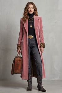 Manteau long rose en velours doublé, col châle, boutonnage devant, poignets avec parements.