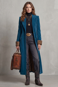 Manteau long bleu en velours doublé, col châle, boutonnage devant, parements au bas des manches.
