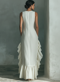 Robe longue ivoire sans manches à dos nu, volants superposés sur le bas