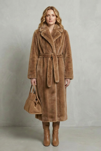 Manteau long en fausse fourrure marron, col châle, ceinture à nouer