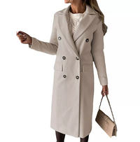 Veste d’hiver longue beige à double boutonnage, col châle et poches plaquées