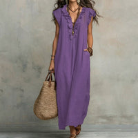 Robe longue sans manches en lin texturé violet, encolure V boutonnée, ourlet droit