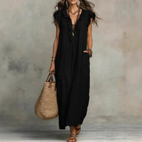 Robe longue sans manches en lin texturé noir, encolure V boutonnée, poches latérales