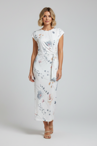 Robe moulante midi blanche à manches courtes, imprimé fleurs, lien à la taille