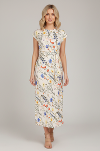 Robe moulante midi beige clair, imprimé fleuri, ceinture nouée à la taille