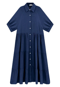 Robe midi bleu marine boutonnée, col chemise, ourlets à volants en paliers