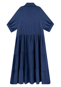 Robe midi bleu marine, vue dos, boutonnée sur toute la longueur, volants en paliers