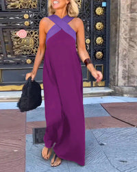 Robe Delphine à découpes croisées, violet, sans manches, lanières croisées.
